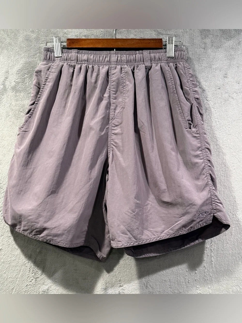AFTCO Swim Trunks Shorts Mens S Gray Purple Nylon Mesh Lined Drawstring Pockets